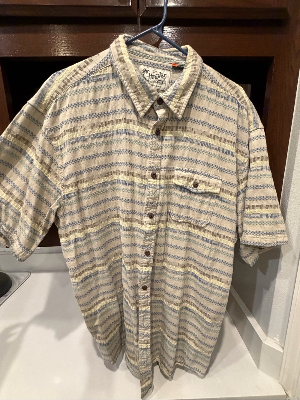 Howler Brothers Short Sleeve Button-Up in Cream with Blue and Beige Stripes